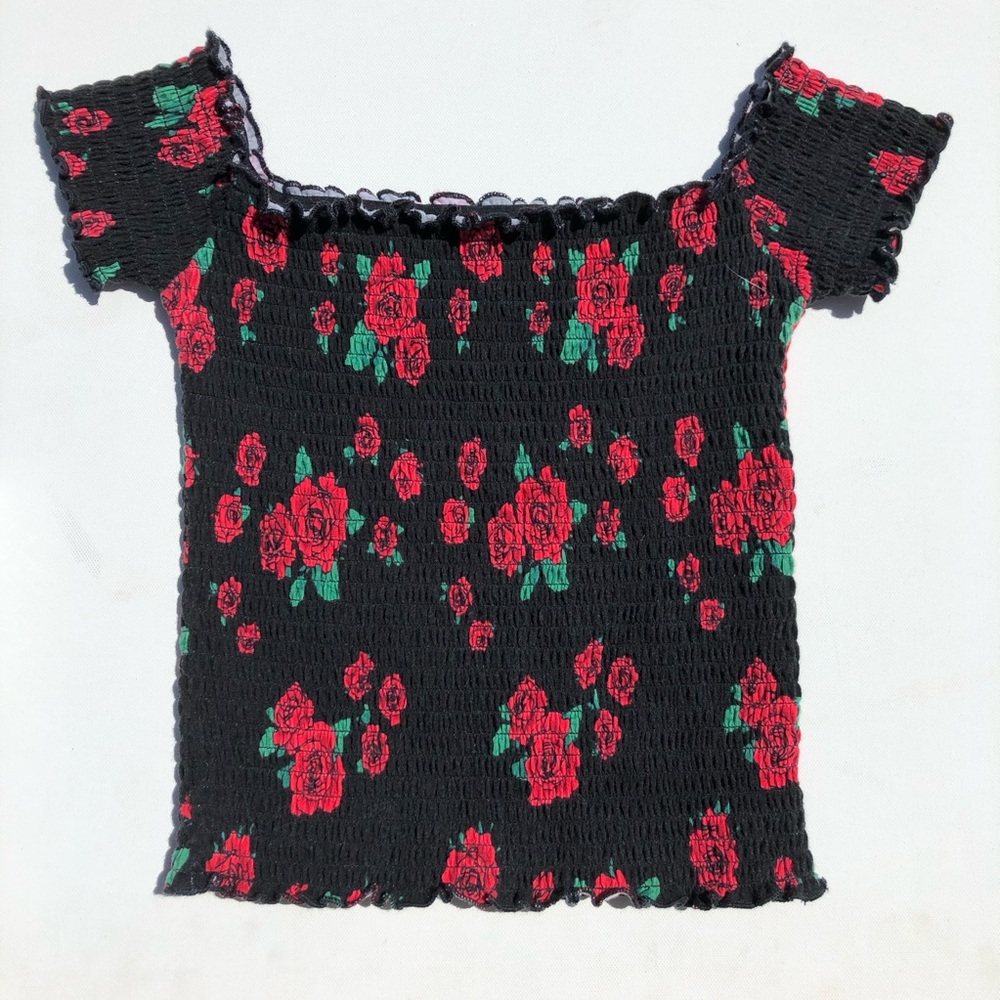 rose patterned off the shoulder top